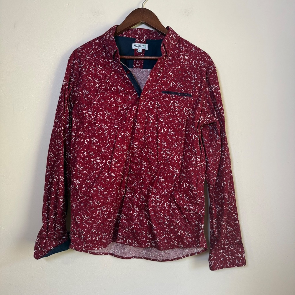 Mojito Abstract Marble Print Long‎ Sleeve Button Down Shirt Size Large Red